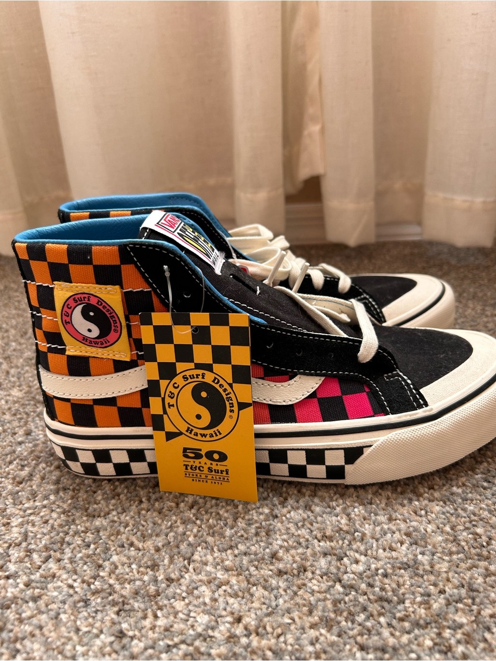 T&C Surf/Vans Checker High-Top Sneakers in Black/Pink/Orange
